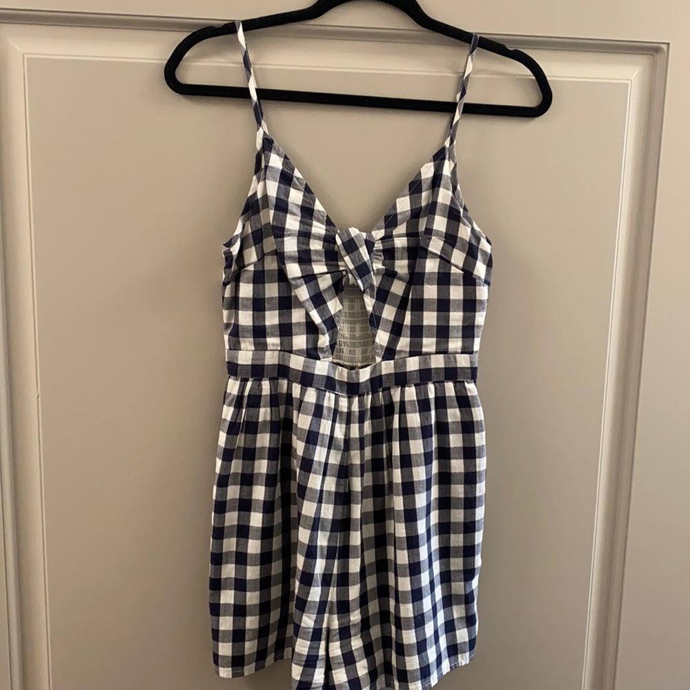 American Eagle Navy Gingham Romper with Pockets